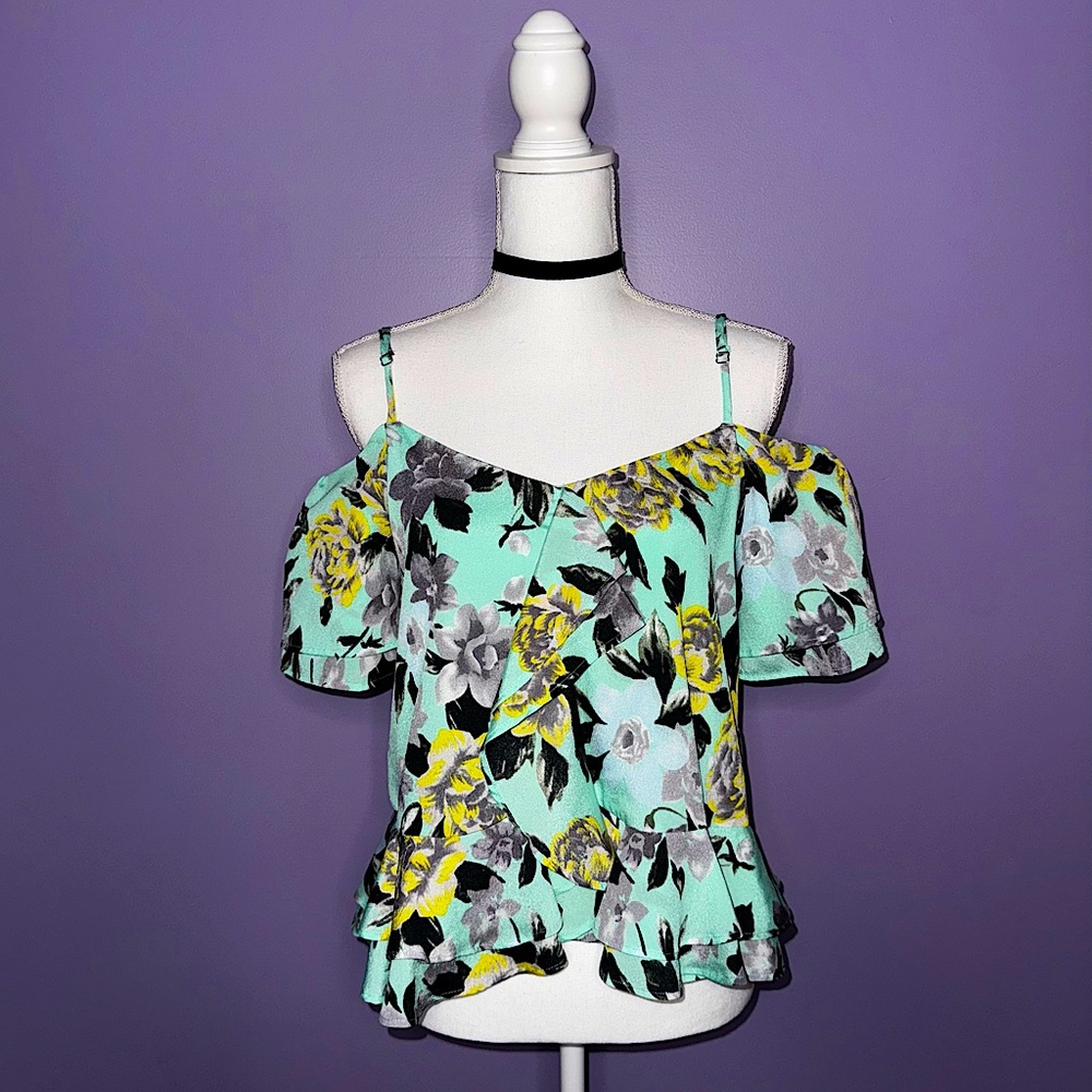 J.O.A. Mint Off The Shoulder Floral Blouse